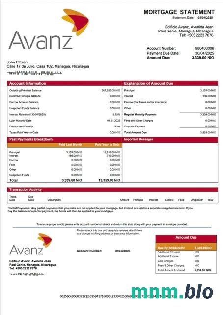 Nikaragua Banco Avanz wyciąg z kredytu hipotecznego szablon Word i PDF